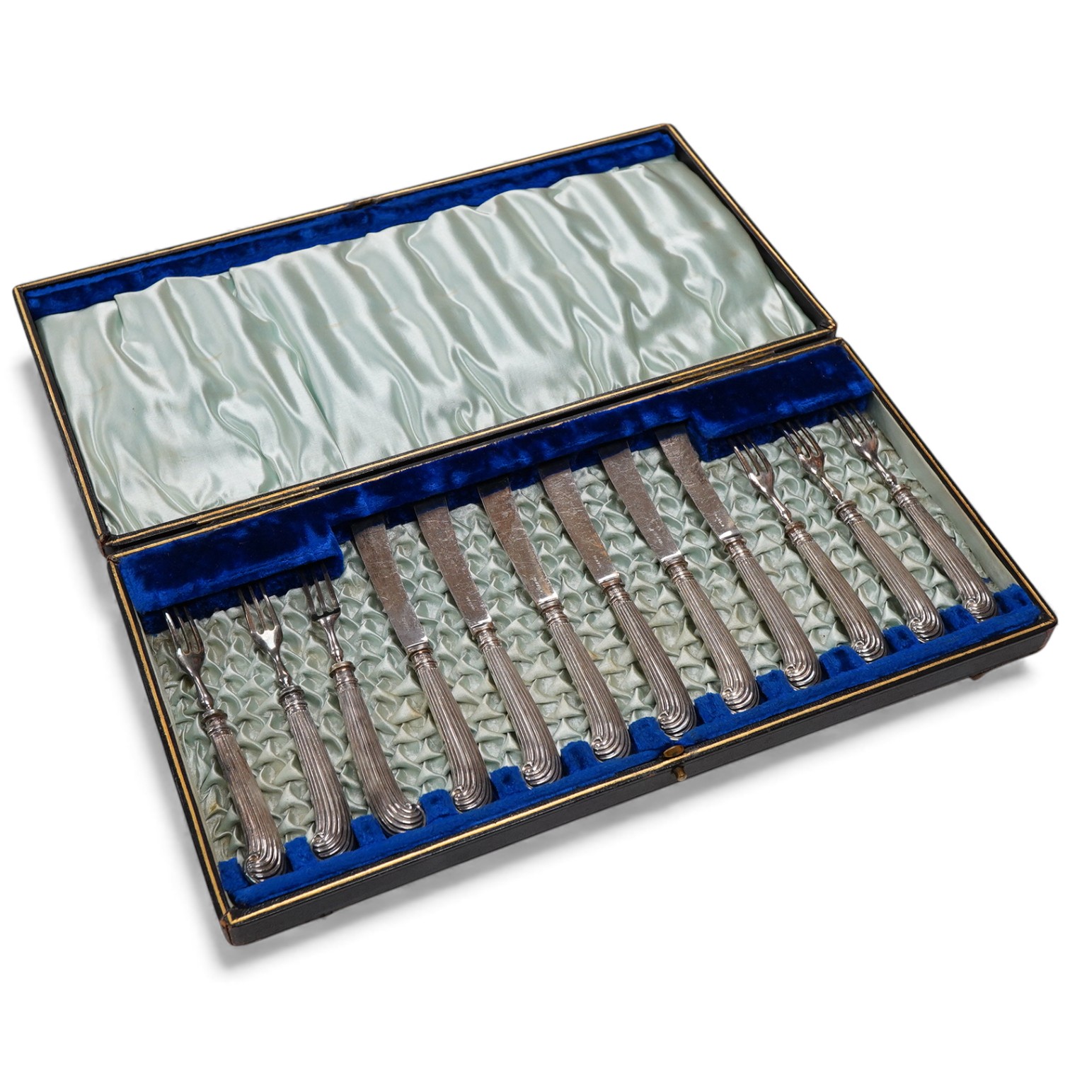 A cased set of six pairs of silver pistol handled dessert eaters, by James Dixon & Sons Ltd, Sheffield, 1905, knife 16.6cm.